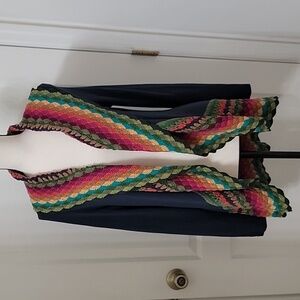 Double Zero Size S Blue with Multi Color Crochet Trim Open Cardigan, Gently Used